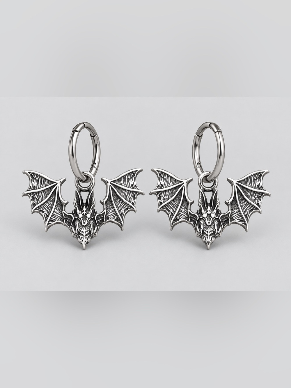Gothic Silver Bat Charm Hoop Earrings
